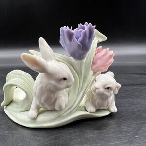Vintage Home Interiors Peek-A-Boo Bunny Rabbits Spring Flowers Candle Holder
